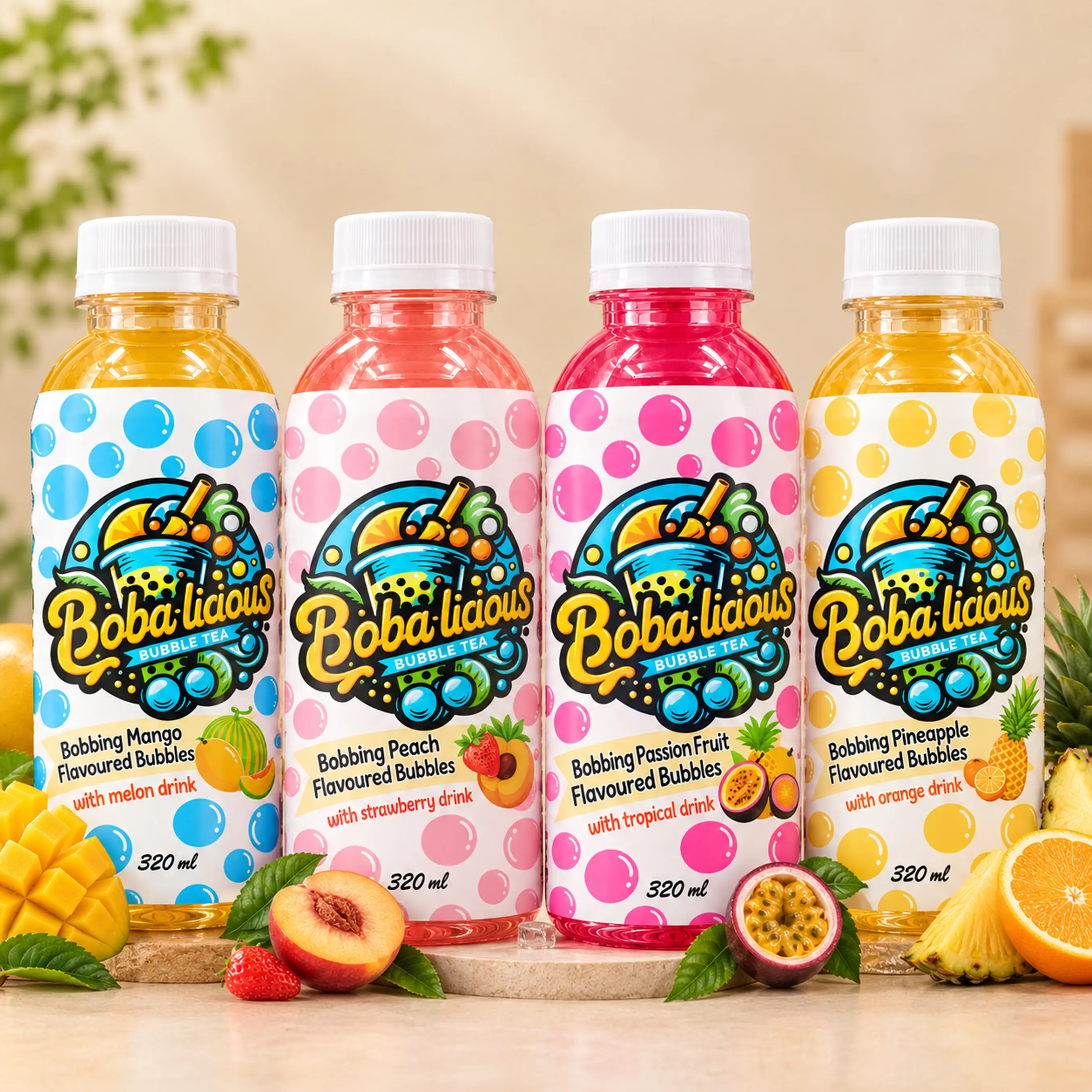 Bobalicious 320ml canned bubble tea range with pineapple, pink guava, strawberry, mango, lychee and peach flavours displayed with fresh fruits.